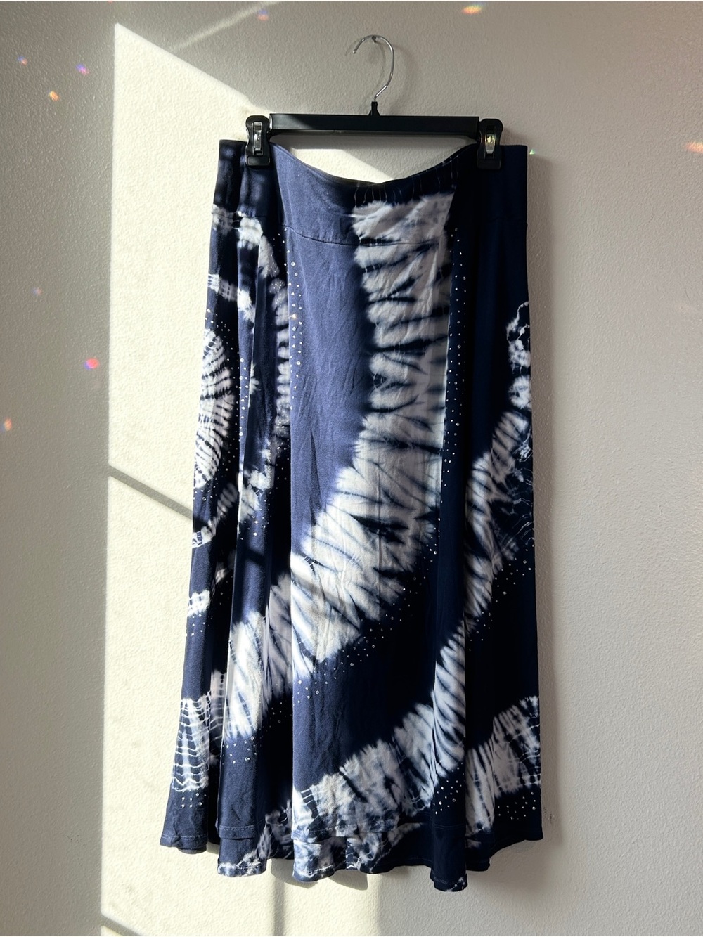 INC International Concepts Navy White Tie Dye Rhinestone A-Line Midi Skirt 1X